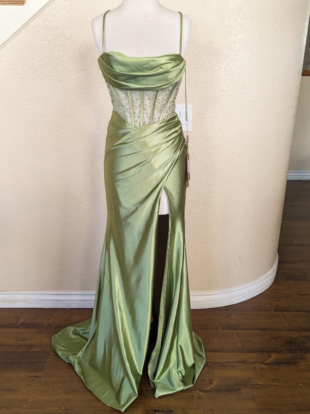 Sage Green Sequin Corset Satin Formal Dress 2